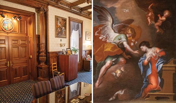 Paul Brill’s Annunciation hangs in the President’s Office in Old Main. (Right) A closeup of the Annunciation.